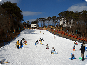 雪そりゲレンデで雪遊び